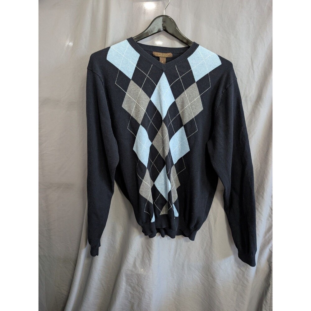 Sebastian Cooper Argyle Navy Sweater Modern Fit Cotton Cashmere Knit V Neck L
